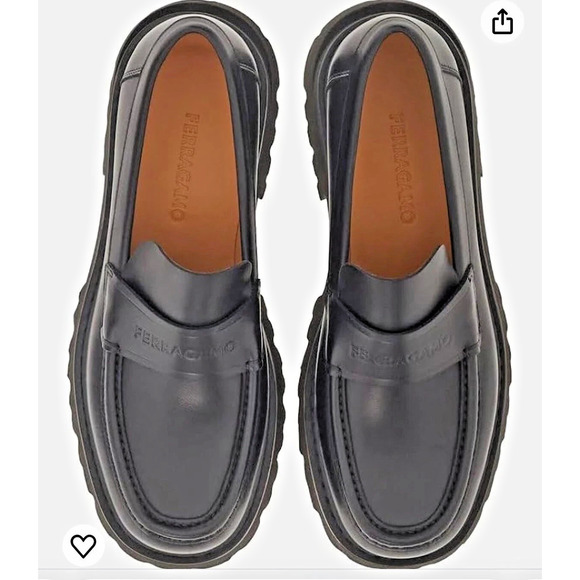 NIB FERRAGAMO BLACK LEATHER FERGAL LUG SOLE LOGO LOAFERS 10.5 D ITALY main image 12